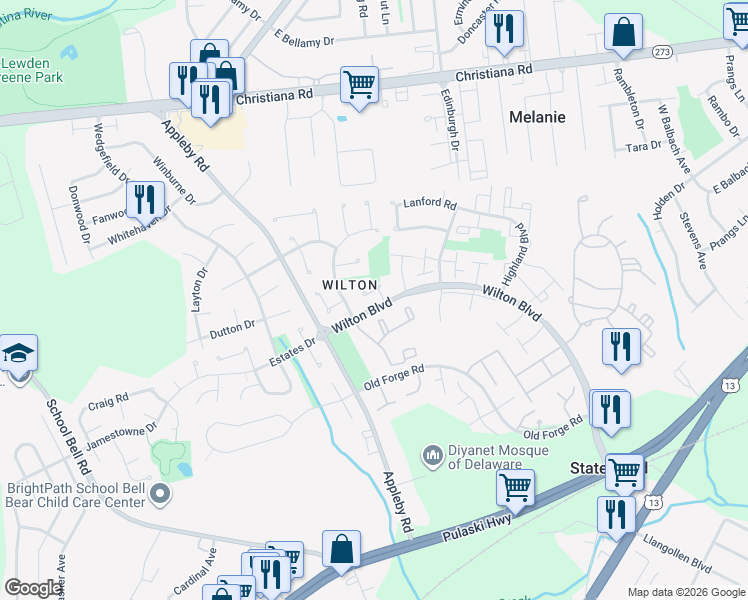 map of restaurants, bars, coffee shops, grocery stores, and more near 10 Ridley Court in New Castle