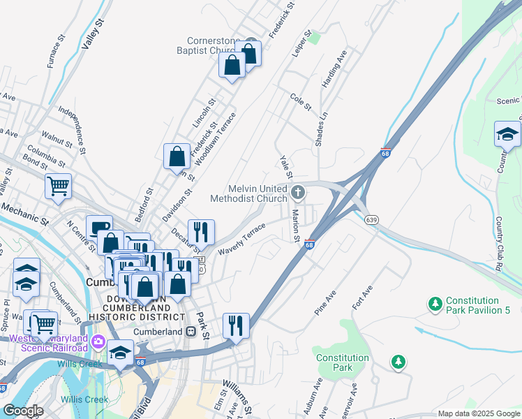 map of restaurants, bars, coffee shops, grocery stores, and more near 467 Baltimore Avenue in Cumberland