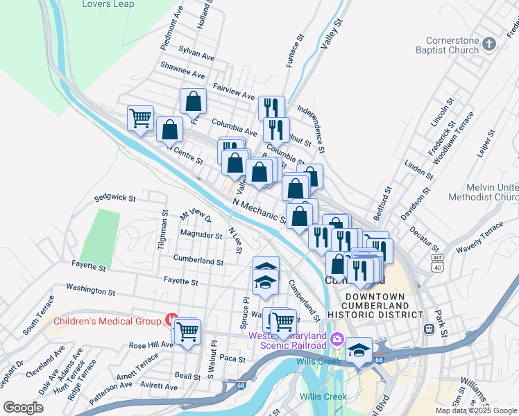 map of restaurants, bars, coffee shops, grocery stores, and more near 441 North Centre Street in Cumberland
