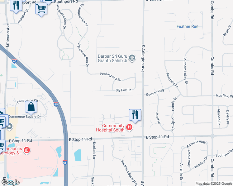 map of restaurants, bars, coffee shops, grocery stores, and more near 5816 Sly Fox Lane in Indianapolis