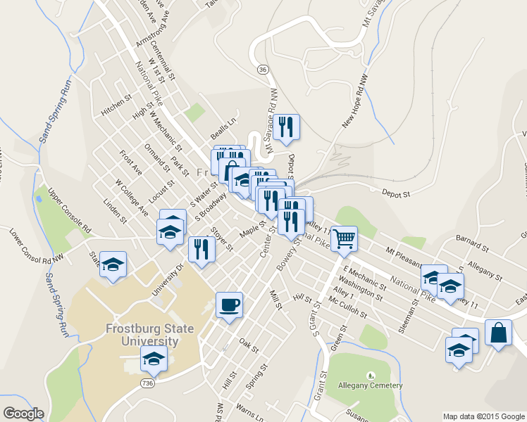 map of restaurants, bars, coffee shops, grocery stores, and more near 86 E Main St in Frostburg