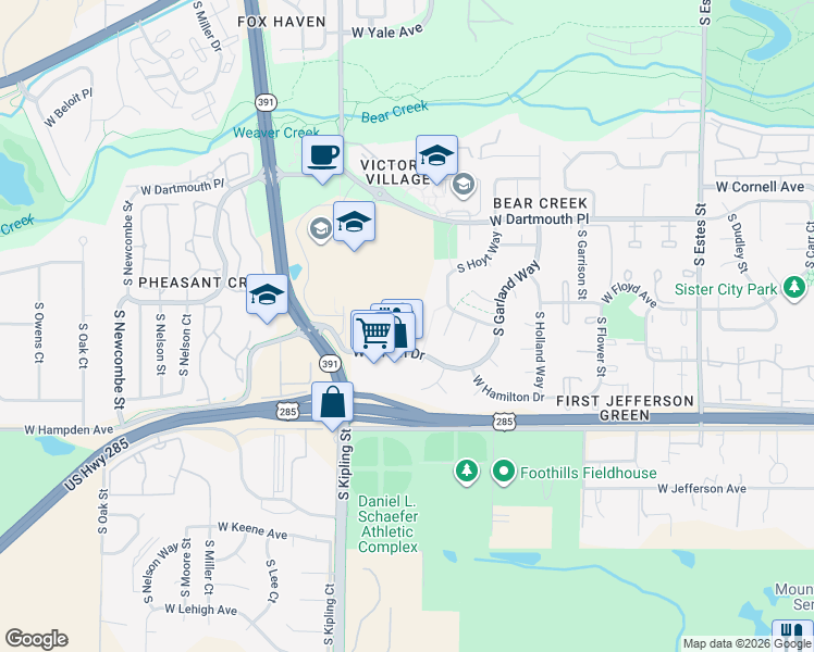 map of restaurants, bars, coffee shops, grocery stores, and more near 9801 West Girton Drive in Lakewood
