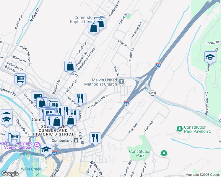 map of restaurants, bars, coffee shops, grocery stores, and more near 467 Baltimore Avenue in Cumberland