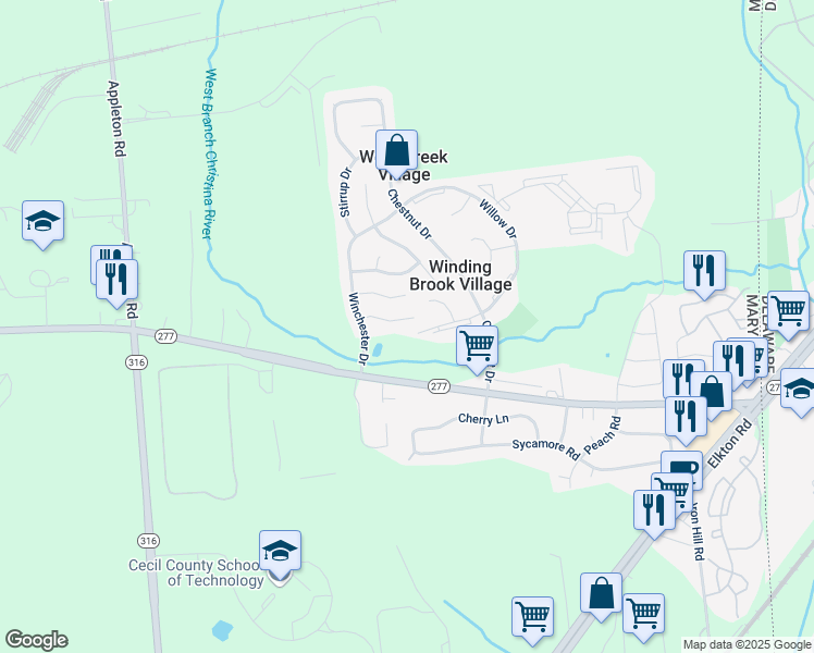 map of restaurants, bars, coffee shops, grocery stores, and more near 45 Cimarron Circle in Elkton