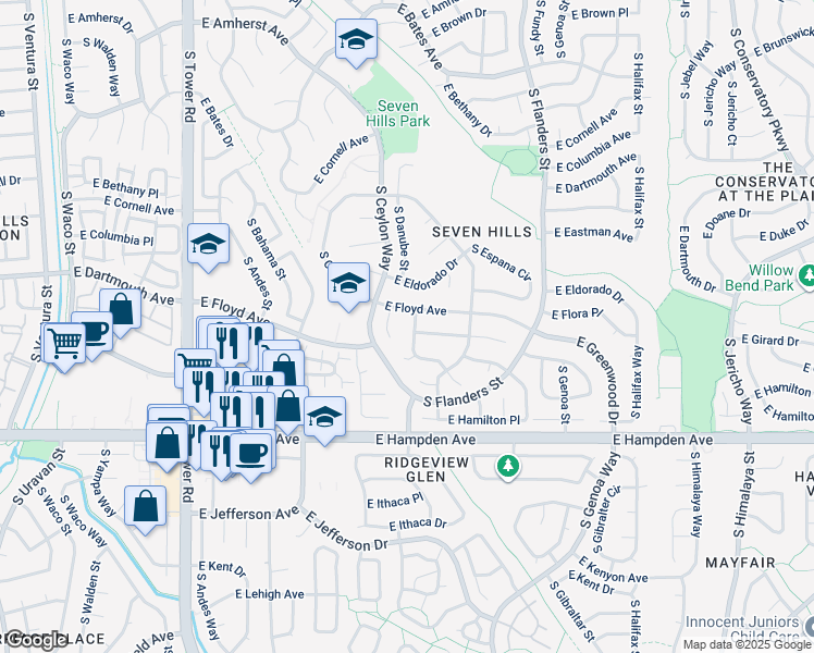 map of restaurants, bars, coffee shops, grocery stores, and more near in Aurora