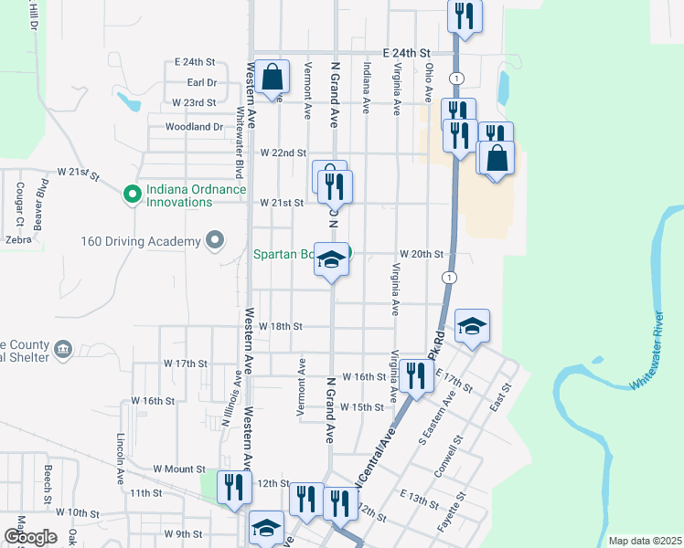 map of restaurants, bars, coffee shops, grocery stores, and more near 1900 North Grand Avenue in Connersville