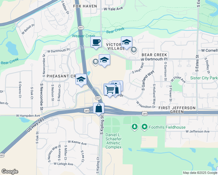 map of restaurants, bars, coffee shops, grocery stores, and more near 9803 West Girton Drive in Lakewood