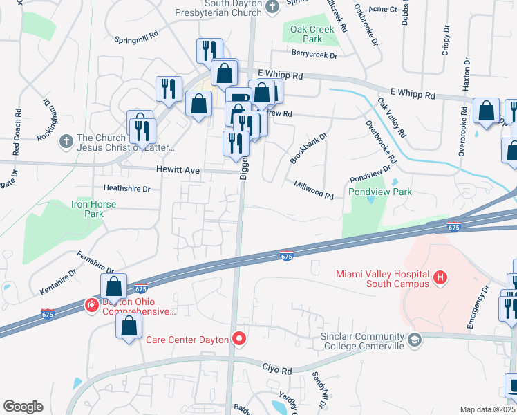 map of restaurants, bars, coffee shops, grocery stores, and more near 8283 Piper Lane in Dayton