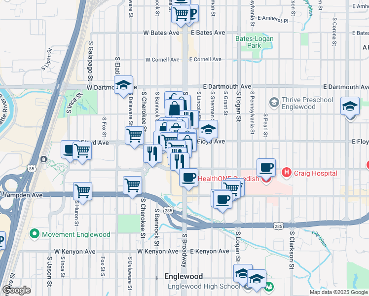 map of restaurants, bars, coffee shops, grocery stores, and more near S Broadway & W Floyd Ave in Englewood