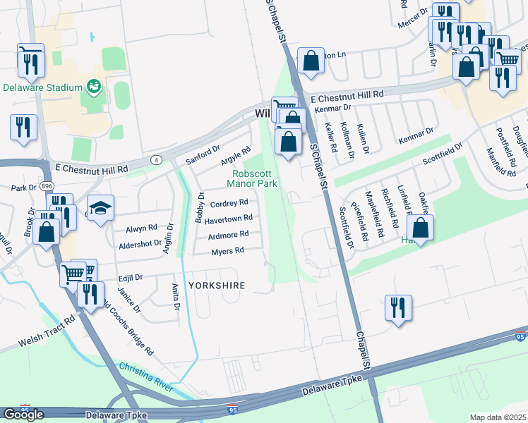 map of restaurants, bars, coffee shops, grocery stores, and more near 38 Gill Drive in Newark