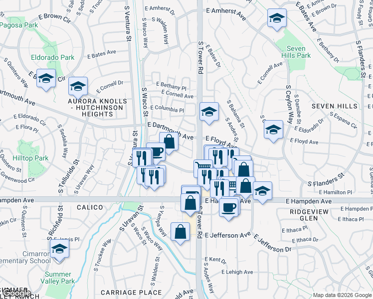 map of restaurants, bars, coffee shops, grocery stores, and more near 3238 South Yampa Way in Aurora