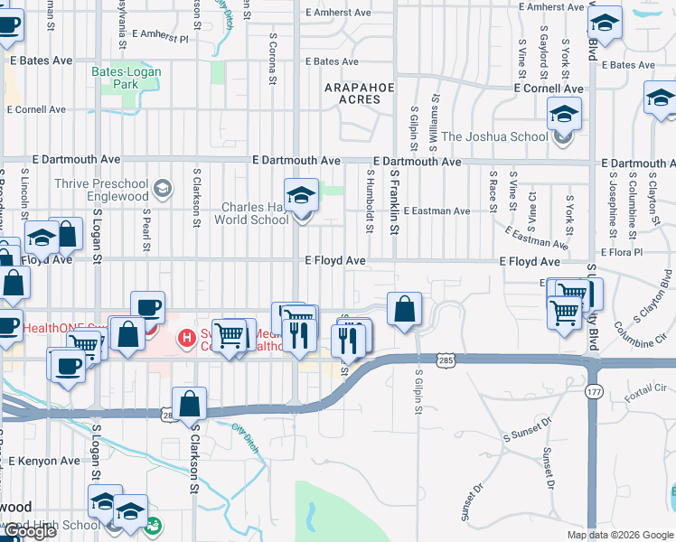 map of restaurants, bars, coffee shops, grocery stores, and more near 3297 South Lafayette Street in Englewood