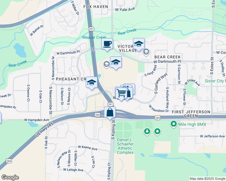 map of restaurants, bars, coffee shops, grocery stores, and more near 3490 South Kipling Street in Denver