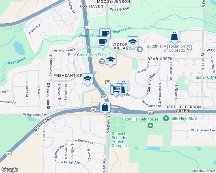 map of restaurants, bars, coffee shops, grocery stores, and more near 3490 South Kipling Street in Denver