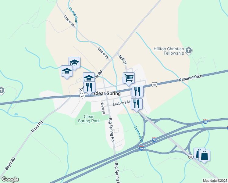 map of restaurants, bars, coffee shops, grocery stores, and more near 126 Cumberland Street in Clear Spring