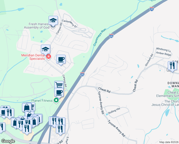 map of restaurants, bars, coffee shops, grocery stores, and more near 111 Pine Lane in Morgantown