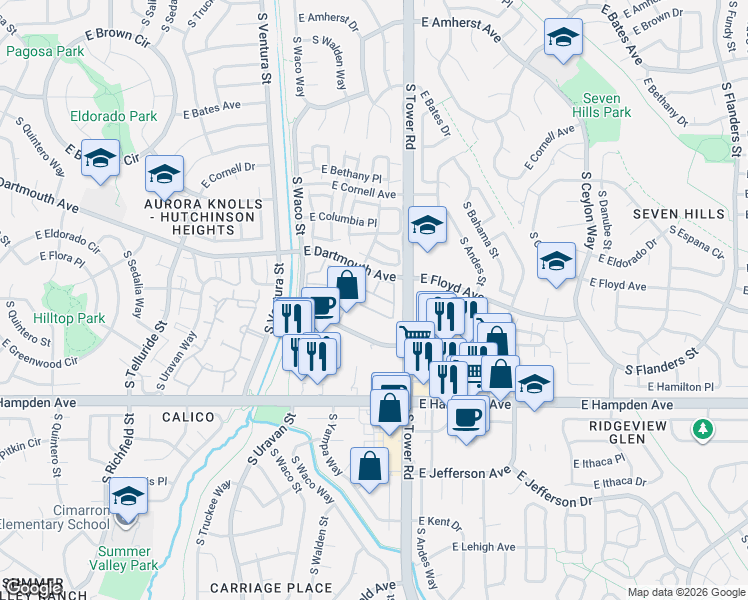map of restaurants, bars, coffee shops, grocery stores, and more near 3238 South Yampa Way in Aurora