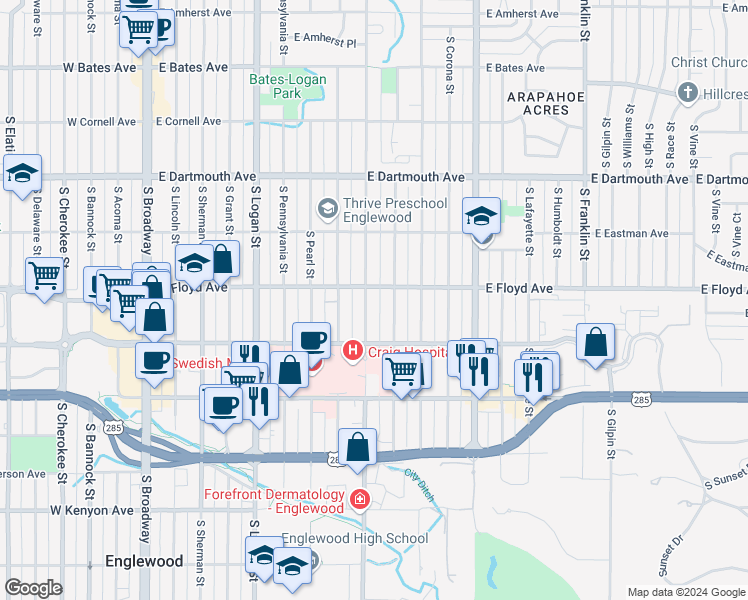 map of restaurants, bars, coffee shops, grocery stores, and more near 3295 South Emerson Street in Englewood
