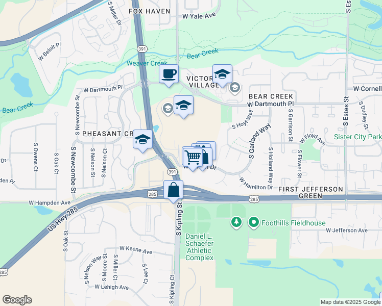 map of restaurants, bars, coffee shops, grocery stores, and more near 9801 West Girton Drive in Lakewood