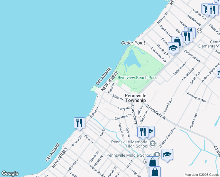 map of restaurants, bars, coffee shops, grocery stores, and more near 60 Main Street in Pennsville