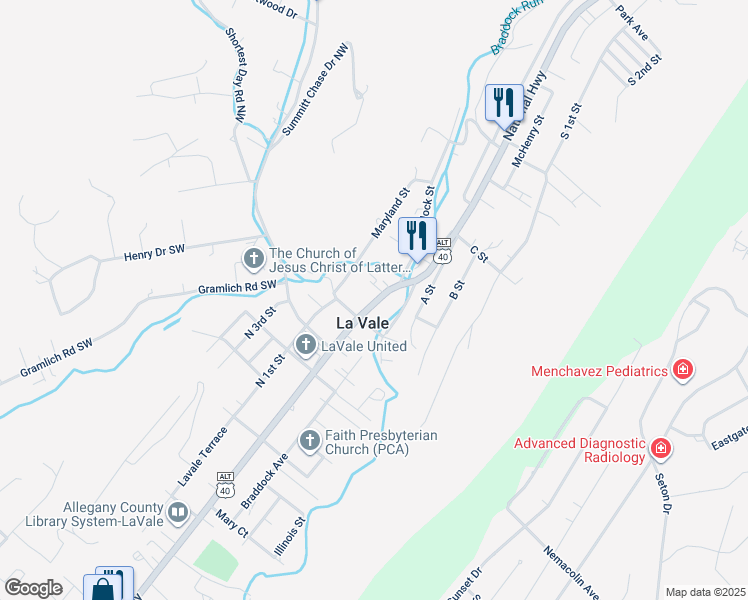 map of restaurants, bars, coffee shops, grocery stores, and more near 525 National Highway in Cumberland