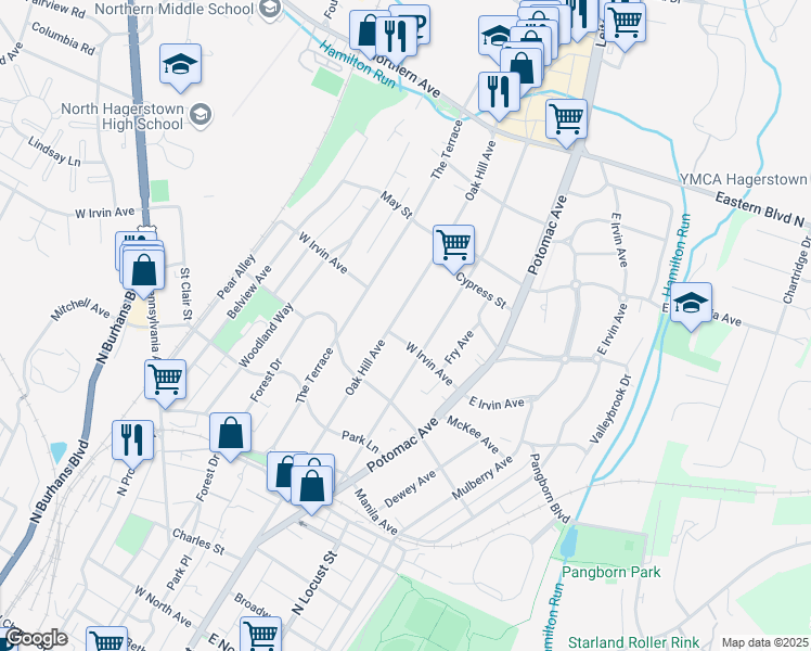 map of restaurants, bars, coffee shops, grocery stores, and more near 1106 Oak Hill Avenue in Hagerstown