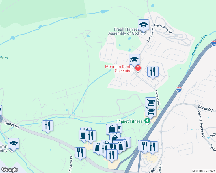 map of restaurants, bars, coffee shops, grocery stores, and more near 912 Ann Marie Drive in Morgantown