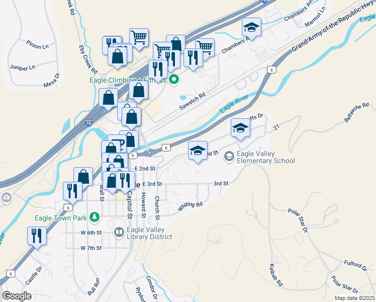 map of restaurants, bars, coffee shops, grocery stores, and more near 25 Sunrise Ln in Eagle