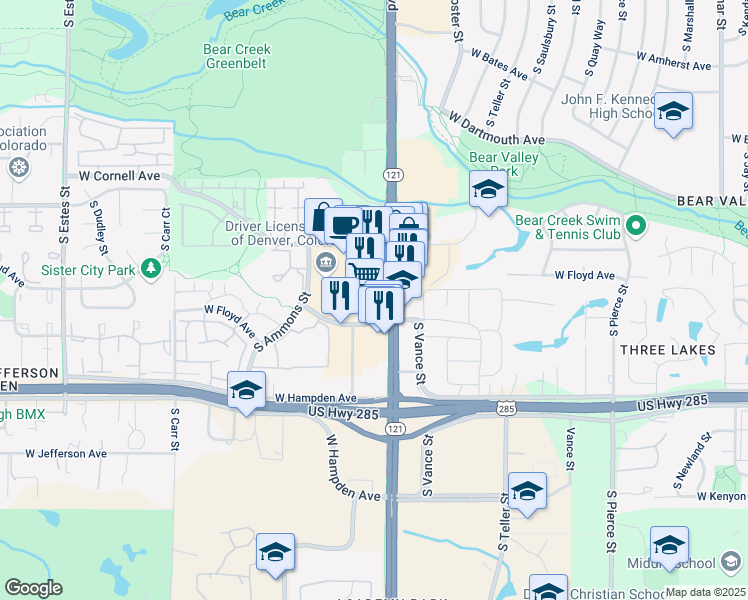 map of restaurants, bars, coffee shops, grocery stores, and more near 3255 South Wadsworth Boulevard in Lakewood