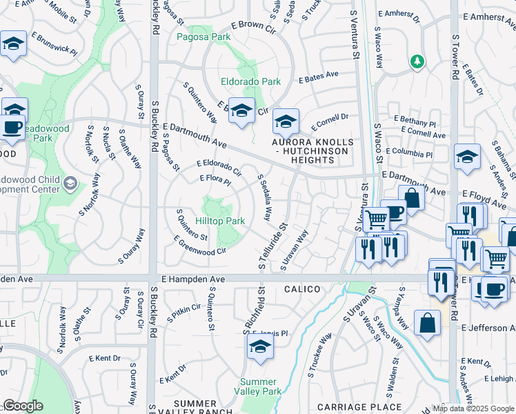 map of restaurants, bars, coffee shops, grocery stores, and more near 17511 East Eldorado Circle in Aurora