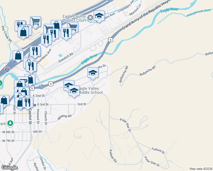 map of restaurants, bars, coffee shops, grocery stores, and more near 446 Bluffs Drive in Eagle