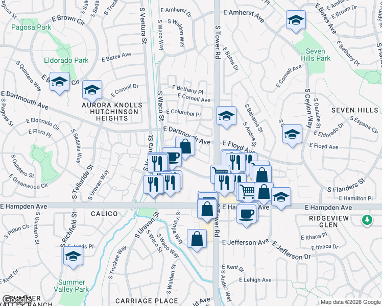 map of restaurants, bars, coffee shops, grocery stores, and more near 3246 South Yampa Street in Aurora