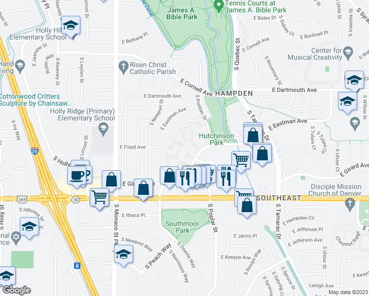 map of restaurants, bars, coffee shops, grocery stores, and more near 3280 South Oneida Way in Denver