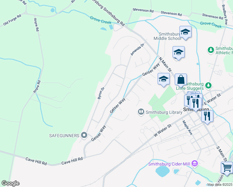 map of restaurants, bars, coffee shops, grocery stores, and more near 64 Amanda Drive in Smithsburg