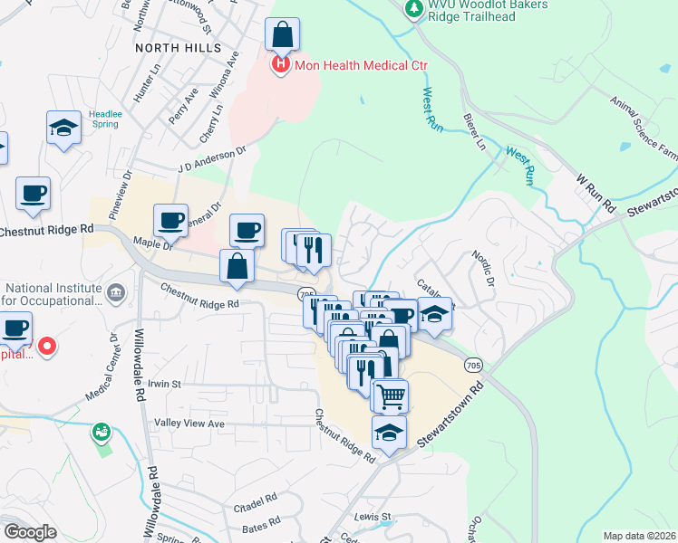 map of restaurants, bars, coffee shops, grocery stores, and more near 2721 Suncrest Village in Morgantown