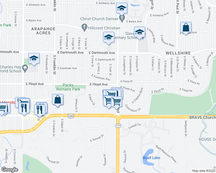 map of restaurants, bars, coffee shops, grocery stores, and more near 2261 East Floyd Avenue in Englewood