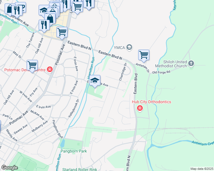 map of restaurants, bars, coffee shops, grocery stores, and more near 301 East Magnolia Avenue in Hagerstown