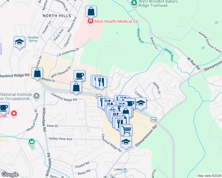map of restaurants, bars, coffee shops, grocery stores, and more near 2727 Suncrest Village in Morgantown