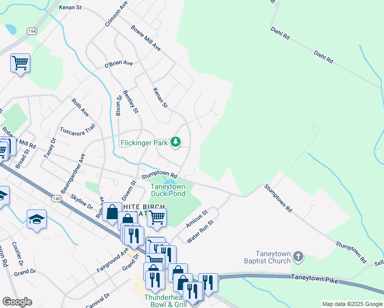 map of restaurants, bars, coffee shops, grocery stores, and more near 80 Kenan Street in Taneytown