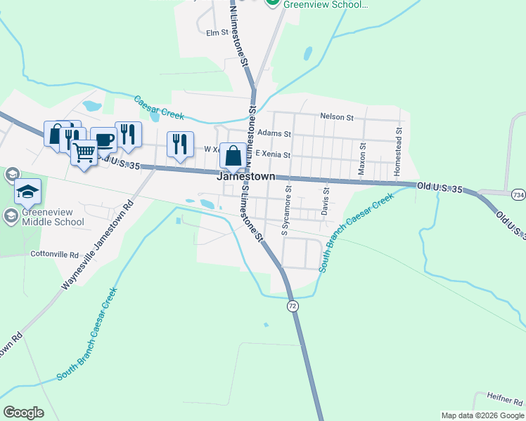 map of restaurants, bars, coffee shops, grocery stores, and more near 20 South Limestone Street in Jamestown
