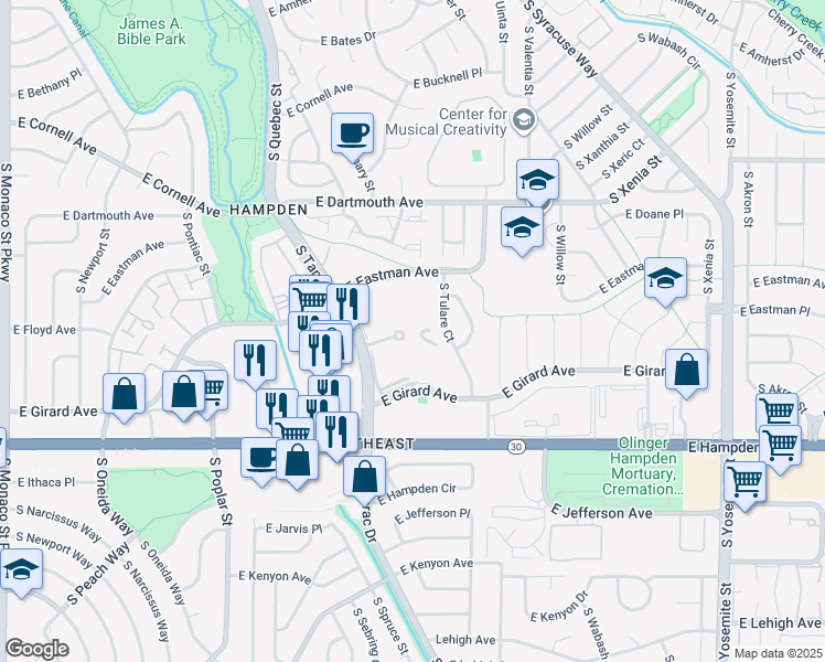 map of restaurants, bars, coffee shops, grocery stores, and more near 3300 South Tamarac Drive in Denver