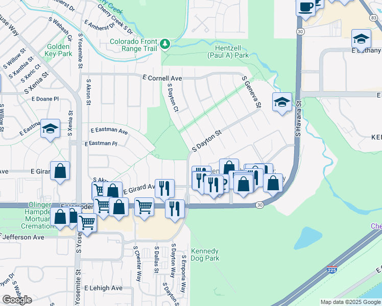 map of restaurants, bars, coffee shops, grocery stores, and more near S Dayton St & Hampden Heights Trail in Denver