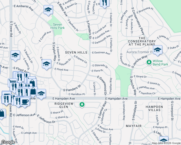 map of restaurants, bars, coffee shops, grocery stores, and more near 3270 South Espana Circle in Aurora