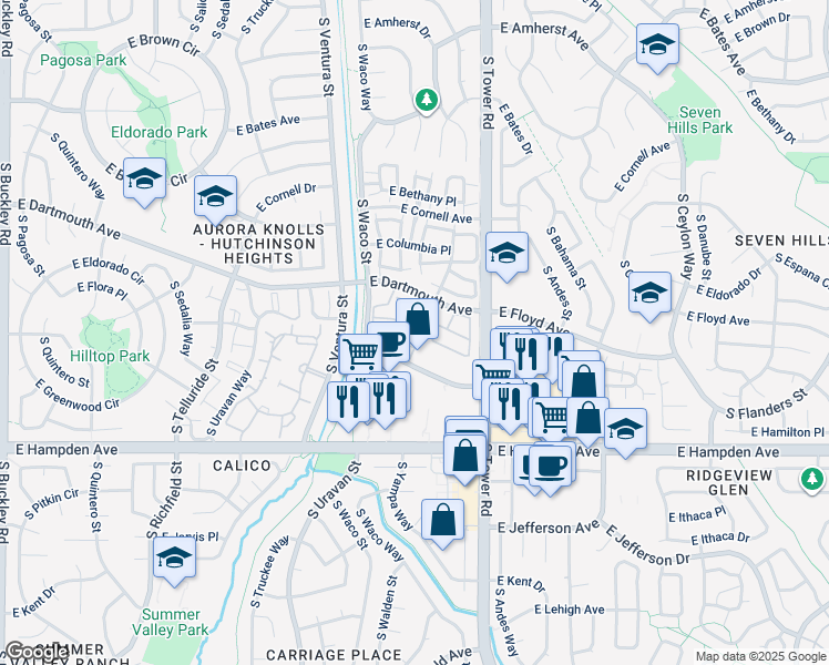 map of restaurants, bars, coffee shops, grocery stores, and more near 3246 South Yampa Street in Aurora