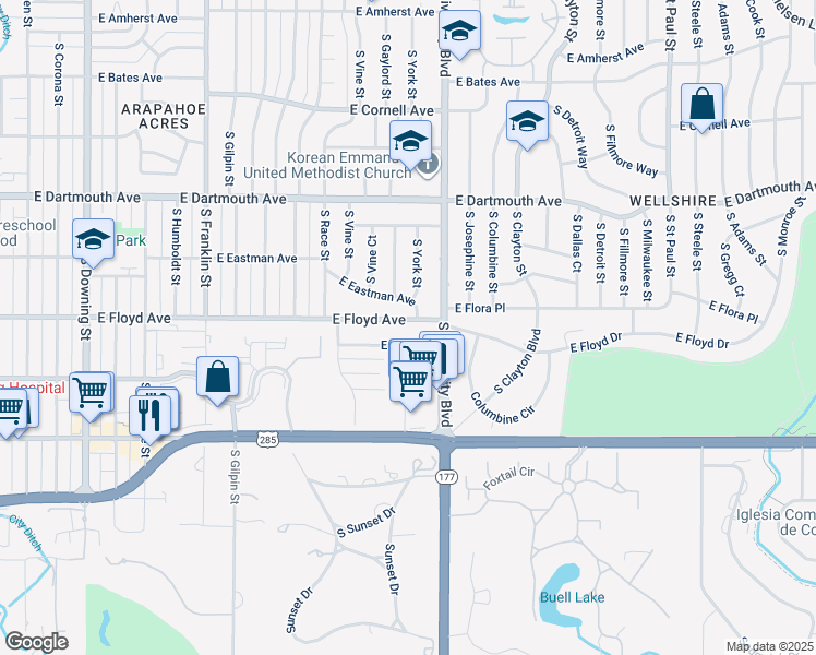map of restaurants, bars, coffee shops, grocery stores, and more near 2261 East Floyd Avenue in Englewood