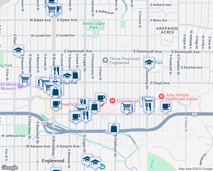 map of restaurants, bars, coffee shops, grocery stores, and more near 725 East Floyd Avenue in Englewood