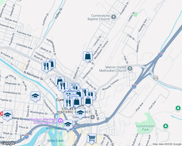 map of restaurants, bars, coffee shops, grocery stores, and more near 347 Davidson Street in Cumberland