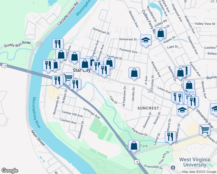 map of restaurants, bars, coffee shops, grocery stores, and more near 1403-1407 Randall Avenue in Star City