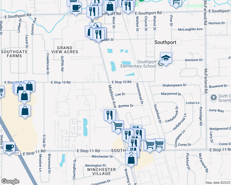 map of restaurants, bars, coffee shops, grocery stores, and more near in Indianapolis