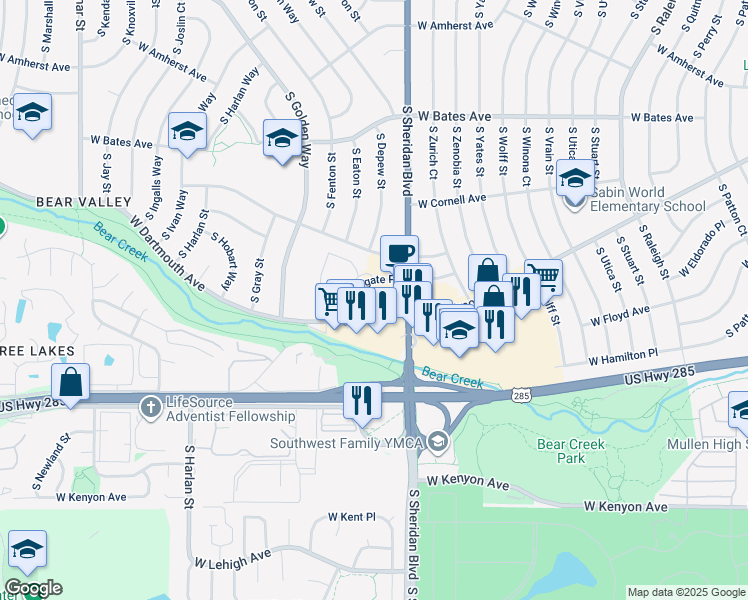 map of restaurants, bars, coffee shops, grocery stores, and more near 3087 South Sheridan Boulevard in Denver
